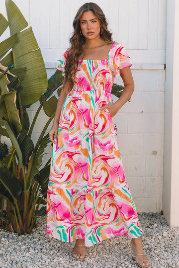 Abstract Print Cap Sleeve Smocked Bust Maxi Dress
